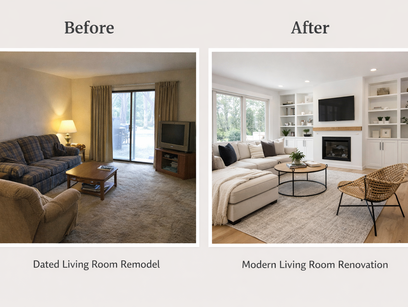 living room remodel before and after modern renovation transformation